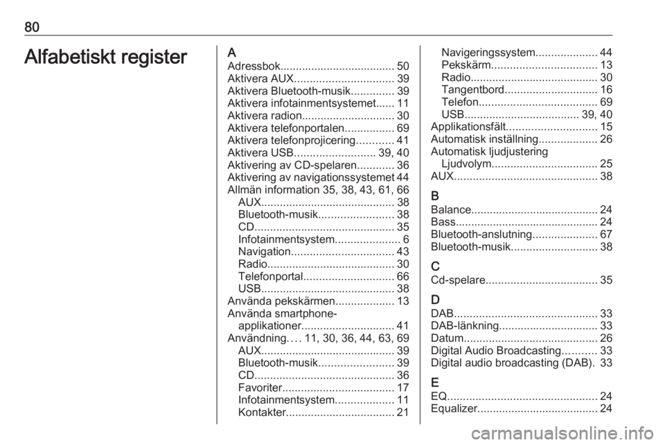 OPEL ASTRA K 2016  Handbok för infotainmentsystem 80Alfabetiskt registerAAdressbok..................................... 50
Aktivera AUX ................................ 39
Aktivera Bluetooth-musik ..............39
Aktivera infotainmentsystemet...... 