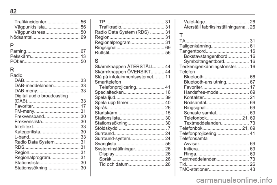 OPEL ASTRA K 2016  Handbok för infotainmentsystem 82Trafikincidenter.......................... 56
Vägpunktslista ........................... 56
Vägpunktsresa .......................... 50
Nödsamtal .................................... 69
P Parning