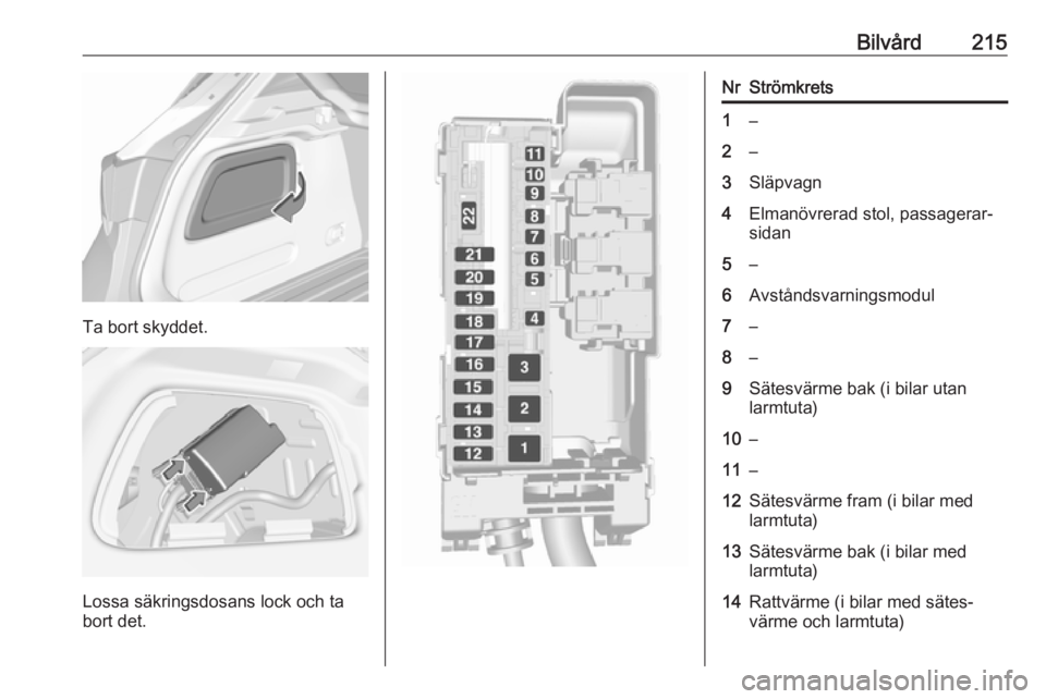 OPEL ASTRA K 2016 Instruktionsbok Bilvård215
Ta bort skyddet.
Lossa säkringsdosans lock och ta
bort det.
NrStrömkrets1–2–3Släpvagn4Elmanövrerad stol, passagerar‐
sidan5–6Avståndsvarningsmodul7–8–9Sätesvärme bak (i OPEL ASTRA K 2016 Instruktionsbok Bilvård215
Ta bort skyddet.
Lossa säkringsdosans lock och ta
bort det.
NrStrömkrets1–2–3Släpvagn4Elmanövrerad stol, passagerar‐
sidan5–6Avståndsvarningsmodul7–8–9Sätesvärme bak (i