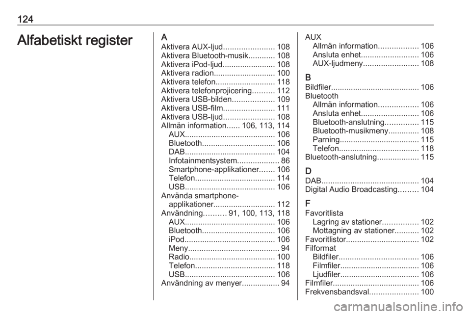 OPEL ASTRA K 2016.5 Handbok för infotainmentsystem 124Alfabetiskt registerAAktivera AUX-ljud .......................108
Aktivera Bluetooth-musik ............108
Aktivera iPod-ljud........................ 108
Aktivera radion............................ OPEL ASTRA K 2016.5 Handbok för infotainmentsystem 124Alfabetiskt registerAAktivera AUX-ljud .......................108
Aktivera Bluetooth-musik ............108
Aktivera iPod-ljud........................ 108
Aktivera radion............................
