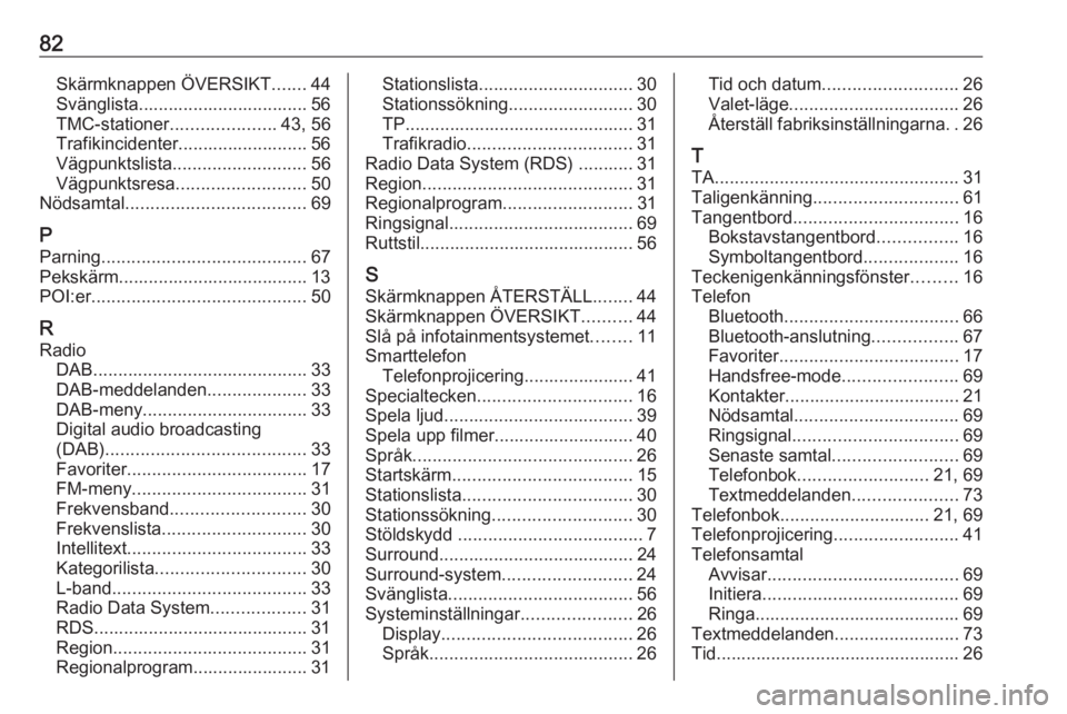 OPEL ASTRA K 2016.5 Handbok för infotainmentsystem 82Skärmknappen ÖVERSIKT.......44
Svänglista.................................. 56
TMC-stationer .....................43, 56
Trafikincidenter.......................... 56
Vägpunktslista ............ OPEL ASTRA K 2016.5 Handbok för infotainmentsystem 82Skärmknappen ÖVERSIKT.......44
Svänglista.................................. 56
TMC-stationer .....................43, 56
Trafikincidenter.......................... 56
Vägpunktslista ............