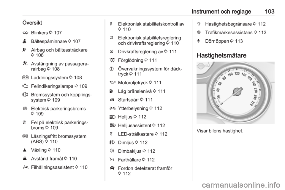 OPEL ASTRA K 2016.5  Instruktionsbok Instrument och reglage103ÖversiktOBlinkers 3 107XBältespåminnare  3 107vAirbag och bältessträckare
3  108VAvstängning av passagera‐
rairbag  3 108pLaddningssystem  3 108ZFelindikeringslampa  3