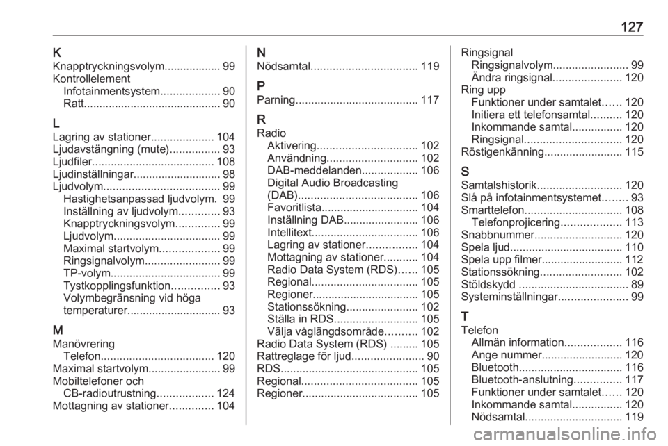 OPEL ASTRA K 2017 Handbok för infotainmentsystem 127KKnapptryckningsvolym.................. 99
Kontrollelement Infotainmentsystem ...................90
Ratt............................................ 90
L
Lagring av stationer ....................10 OPEL ASTRA K 2017 Handbok för infotainmentsystem 127KKnapptryckningsvolym.................. 99
Kontrollelement Infotainmentsystem ...................90
Ratt............................................ 90
L
Lagring av stationer ....................10