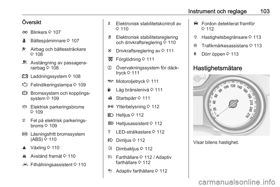OPEL ASTRA K 2017 Instruktionsbok Instrument och reglage103ÖversiktOBlinkers 3 107XBältespåminnare 3 107vAirbag och bältessträckare
3 108VAvstängning av passagera‐
rairbag 3 108pLaddningssystem 3 108ZFelindikeringslampa 3 OPEL ASTRA K 2017 Instruktionsbok Instrument och reglage103ÖversiktOBlinkers 3 107XBältespåminnare 3 107vAirbag och bältessträckare
3 108VAvstängning av passagera‐
rairbag 3 108pLaddningssystem 3 108ZFelindikeringslampa 3