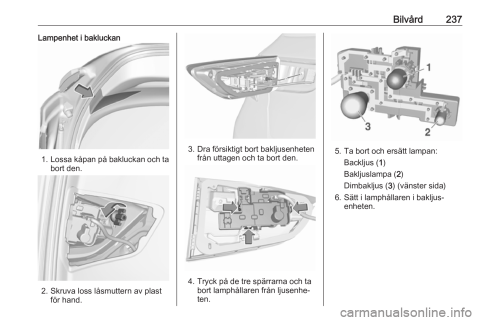OPEL ASTRA K 2017  Instruktionsbok Bilvård237Lampenhet i bakluckan
1.Lossa kåpan på bakluckan och ta
bort den.
2. Skruva loss låsmuttern av plast för hand.
3. Dra försiktigt bort bakljusenheten från uttagen och ta bort den.
4. T
