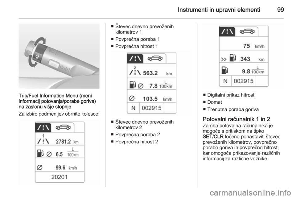 OPEL ADAM 2014.5  Navodila za uporabo Infotainment sistema Instrumenti in upravni elementi99
Trip/Fuel Information Menu (meni
informacij potovanja/porabe goriva)
na zaslonu višje stopnje
Za izbiro podmenijev obrnite kolesce:
■ Števec dnevno prevoženih ki