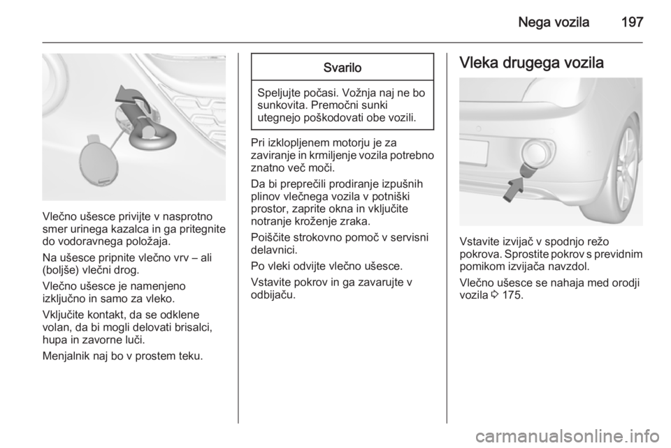 OPEL ADAM 2014.5 Navodila za uporabo Infotainment sistema Nega vozila197
Vlečno ušesce privijte v nasprotno
smer urinega kazalca in ga pritegnite
do vodoravnega položaja.
Na ušesce pripnite vlečno vrv – ali
(boljše) vlečni drog.
Vlečno ušesce je n OPEL ADAM 2014.5 Navodila za uporabo Infotainment sistema Nega vozila197
Vlečno ušesce privijte v nasprotno
smer urinega kazalca in ga pritegnite
do vodoravnega položaja.
Na ušesce pripnite vlečno vrv – ali
(boljše) vlečni drog.
Vlečno ušesce je n