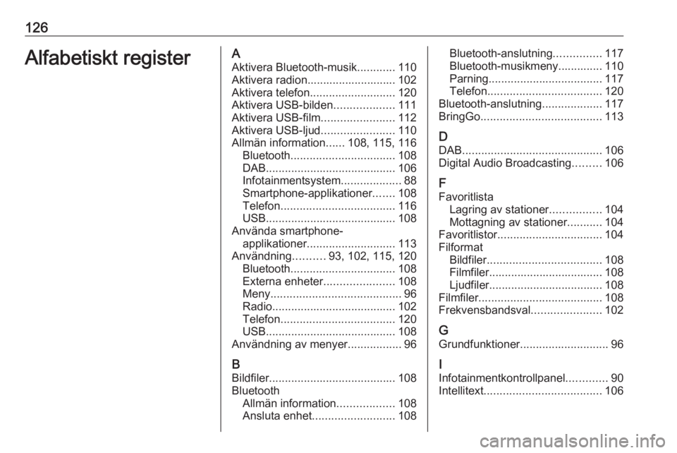 OPEL ASTRA K 2018 Handbok för infotainmentsystem 126Alfabetiskt registerAAktivera Bluetooth-musik ............110
Aktivera radion............................ 102
Aktivera telefon ........................... 120
Aktivera USB-bilden .................. OPEL ASTRA K 2018 Handbok för infotainmentsystem 126Alfabetiskt registerAAktivera Bluetooth-musik ............110
Aktivera radion............................ 102
Aktivera telefon ........................... 120
Aktivera USB-bilden ..................