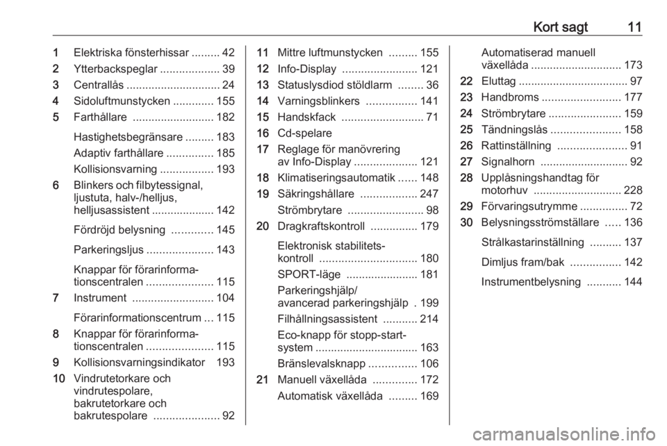 OPEL ASTRA K 2018  Instruktionsbok Kort sagt111Elektriska fönsterhissar .........42
2 Ytterbackspeglar ...................39
3 Centrallås .............................. 24
4 Sidoluftmunstycken .............155
5 Farthållare  .......