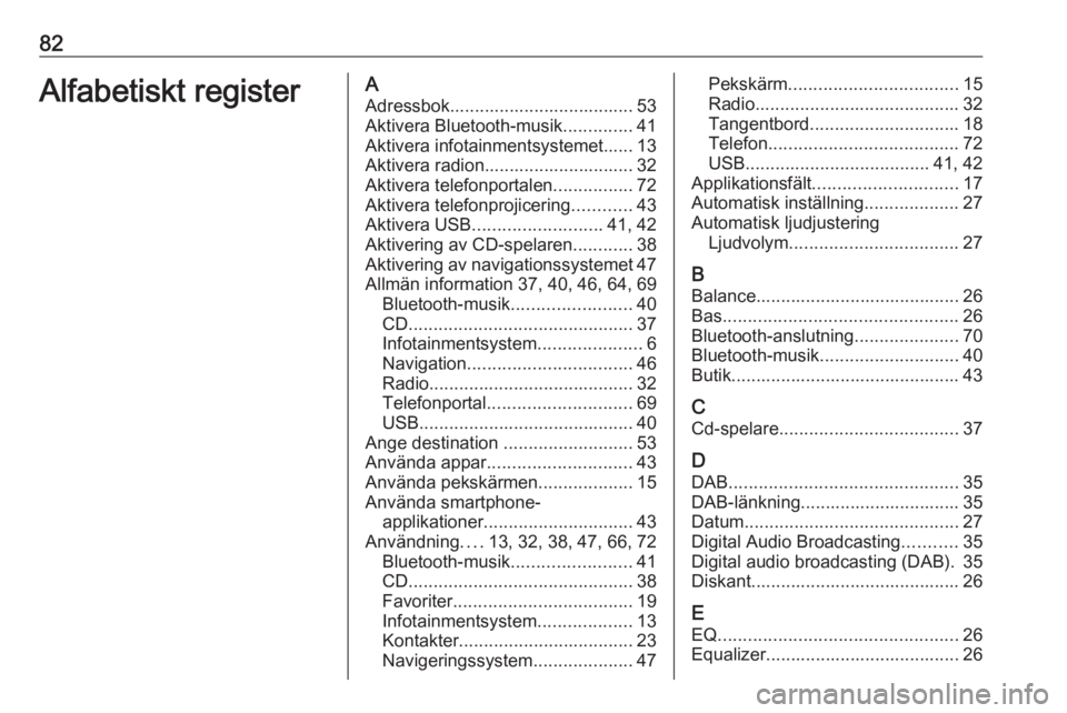 OPEL ASTRA K 2018.5  Handbok för infotainmentsystem 82Alfabetiskt registerAAdressbok..................................... 53
Aktivera Bluetooth-musik ..............41
Aktivera infotainmentsystemet...... 13
Aktivera radion.............................. 