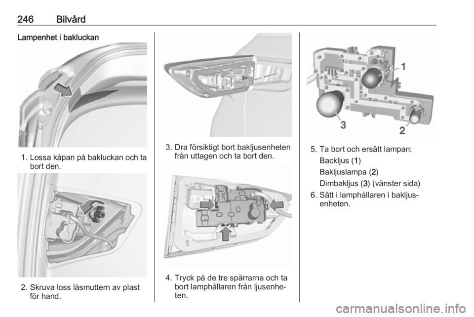 OPEL ASTRA K 2018.5  Instruktionsbok 246BilvårdLampenhet i bakluckan
1.Lossa kåpan på bakluckan och ta
bort den.
2. Skruva loss låsmuttern av plast för hand.
3. Dra försiktigt bort bakljusenheten från uttagen och ta bort den.
4. T