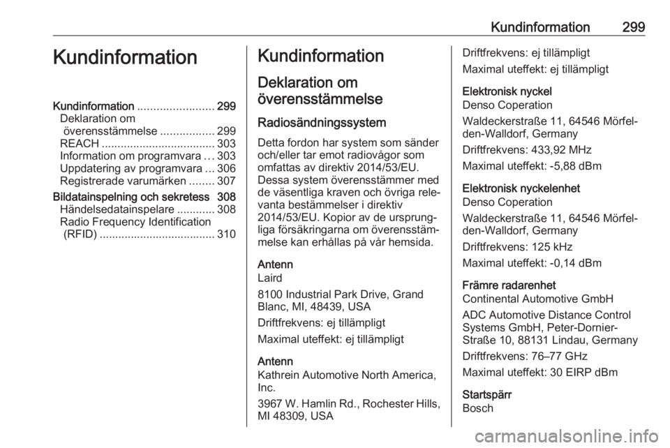 OPEL ASTRA K 2018.5 Instruktionsbok Kundinformation299KundinformationKundinformation........................299
Deklaration om överensstämmelse .................299
REACH .................................... 303
Information om program OPEL ASTRA K 2018.5 Instruktionsbok Kundinformation299KundinformationKundinformation........................299
Deklaration om överensstämmelse .................299
REACH .................................... 303
Information om program