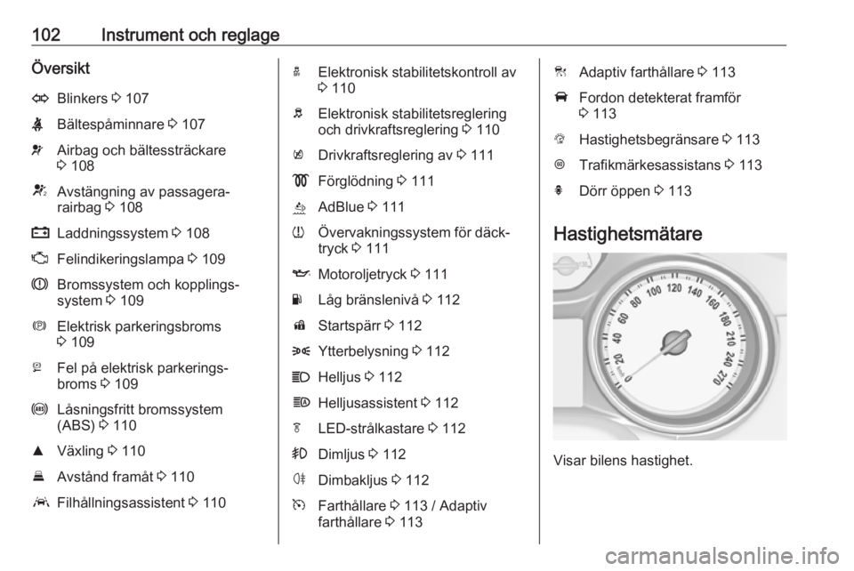 OPEL ASTRA K 2019  Instruktionsbok 102Instrument och reglageÖversiktOBlinkers 3 107XBältespåminnare  3 107vAirbag och bältessträckare
3  108VAvstängning av passagera‐
rairbag  3 108pLaddningssystem  3 108ZFelindikeringslampa  3