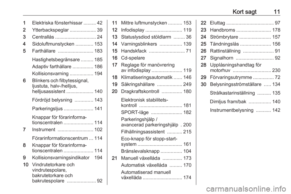OPEL ASTRA K 2019  Instruktionsbok Kort sagt111Elektriska fönsterhissar .........42
2 Ytterbackspeglar ...................39
3 Centrallås .............................. 24
4 Sidoluftmunstycken .............153
5 Farthållare  .......