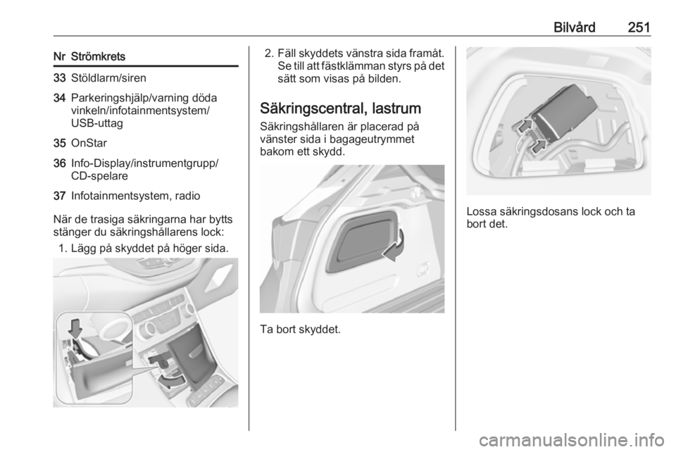 OPEL ASTRA K 2019  Instruktionsbok Bilvård251NrStrömkrets33Stöldlarm/siren34Parkeringshjälp/varning döda
vinkeln/infotainmentsystem/
USB-uttag35OnStar36Info-Display/instrumentgrupp/
CD-spelare37Infotainmentsystem, radio
När de tr