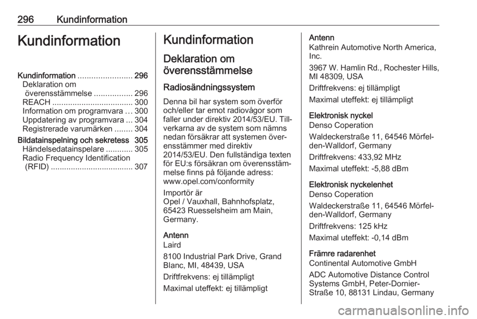 OPEL ASTRA K 2019 Instruktionsbok 296KundinformationKundinformationKundinformation........................296
Deklaration om överensstämmelse .................296
REACH .................................... 300
Information om program OPEL ASTRA K 2019 Instruktionsbok 296KundinformationKundinformationKundinformation........................296
Deklaration om överensstämmelse .................296
REACH .................................... 300
Information om program