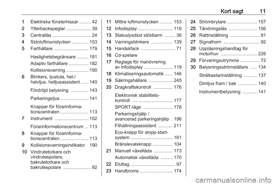 OPEL ASTRA K 2019.5  Instruktionsbok Kort sagt111Elektriska fönsterhissar .........42
2 Ytterbackspeglar ...................39
3 Centrallås .............................. 24
4 Sidoluftmunstycken .............153
5 Farthållare  .......