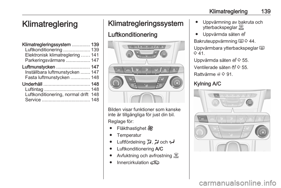 OPEL ASTRA K 2020  Instruktionsbok Klimatreglering139KlimatregleringKlimatregleringssystem..............139
Luftkonditionering ....................139
Elektronisk klimatreglering ......141
Parkeringsvärmare ..................147
Luftm