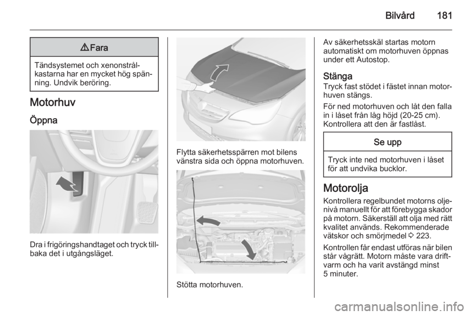 OPEL CASCADA 2014 Instruktionsbok Bilvård1819Fara
Tändsystemet och xenonstrål‐
kastarna har en mycket hög spän‐
ning. Undvik beröring.
Motorhuv
Öppna
Dra i frigöringshandtaget och tryck till‐ baka det i utgångsläget.
F OPEL CASCADA 2014 Instruktionsbok Bilvård1819Fara
Tändsystemet och xenonstrål‐
kastarna har en mycket hög spän‐
ning. Undvik beröring.
Motorhuv
Öppna
Dra i frigöringshandtaget och tryck till‐ baka det i utgångsläget.
F