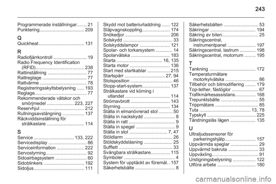 OPEL CASCADA 2014  Instruktionsbok 243
Programmerade inställningar.......21
Punktering .................................. 209
Q
Quickheat ................................... 131
R Radiofjärrkontroll  .........................19
Radio