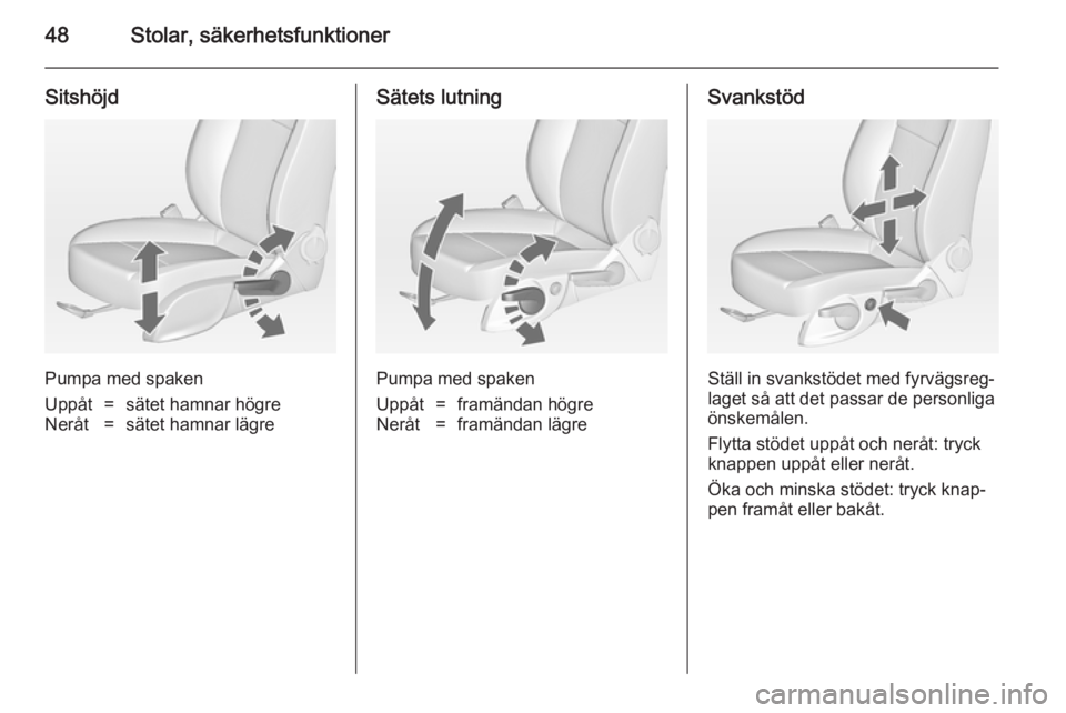 OPEL CASCADA 2014  Instruktionsbok 48Stolar, säkerhetsfunktioner
Sitshöjd
Pumpa med spaken
Uppåt=sätet hamnar högreNeråt=sätet hamnar lägreSätets lutning
Pumpa med spaken
Uppåt=framändan högreNeråt=framändan lägreSvankst