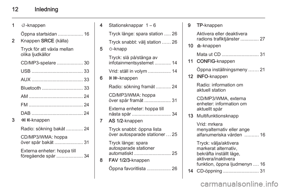 OPEL CASCADA 2014.5  Handbok för infotainmentsystem 12Inledning
1;-knappen
Öppna startsidan ..................16
2 Knappen  SRCE (källa)
Tryck för att växla mellan
olika ljudkällor
CD/MP3-spelare ...................30
USB .........................