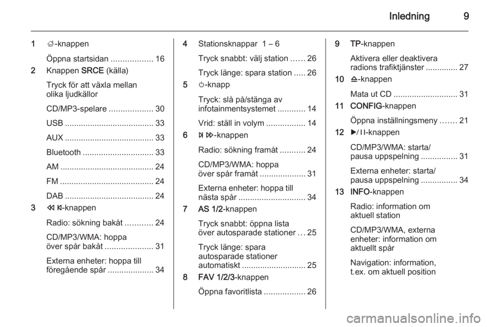 OPEL CASCADA 2014.5  Handbok för infotainmentsystem Inledning9
1;-knappen
Öppna startsidan ..................16
2 Knappen  SRCE (källa)
Tryck för att växla mellan
olika ljudkällor
CD/MP3-spelare ...................30
USB ..........................