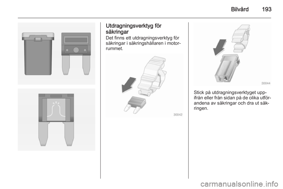 OPEL CASCADA 2014.5  Instruktionsbok Bilvård193
Utdragningsverktyg för
säkringar Det finns ett utdragningsverktyg försäkringar i säkringshållaren i motor‐ rummet.
Stick på utdragningsverktyget upp‐
ifrån eller från sidan p
