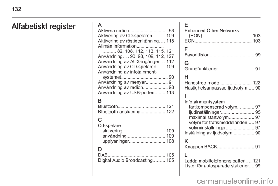 OPEL CASCADA 2015  Handbok för infotainmentsystem 132Alfabetiskt registerAAktivera radion.............................. 98
Aktivering av CD-spelaren ..........109
Aktivering av röstigenkänning ....115
Allmän information..................... ......