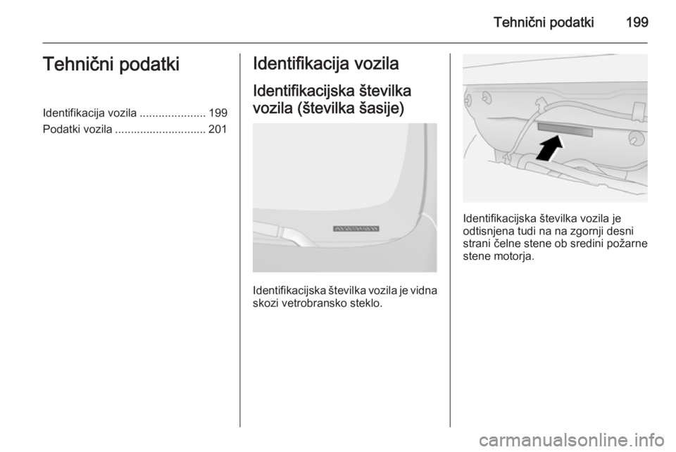 OPEL ANTARA 2014.5  Uporabniški priročnik Tehnični podatki199Tehnični podatkiIdentifikacija vozila.....................199
Podatki vozila ............................. 201Identifikacija vozila
Identifikacijska številka
vozila (številka š