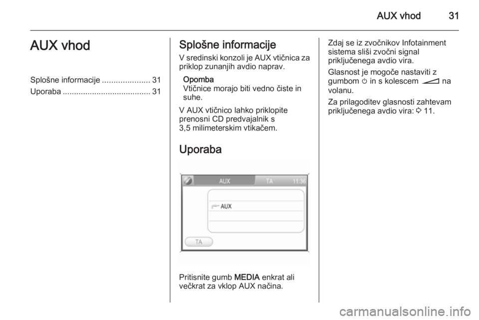 OPEL ANTARA 2015  Navodila za uporabo Infotainment sistema AUX vhod31AUX vhodSplošne informacije.....................31
Uporaba ....................................... 31Splošne informacije
V sredinski konzoli je AUX vtičnica za priklop zunanjih avdio napr