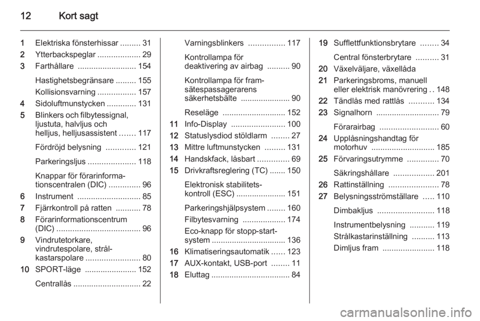 OPEL CASCADA 2015.5  Instruktionsbok 12Kort sagt
1Elektriska fönsterhissar .........31
2 Ytterbackspeglar ...................29
3 Farthållare  .......................... 154
Hastighetsbegränsare .........155
Kollisionsvarning ........