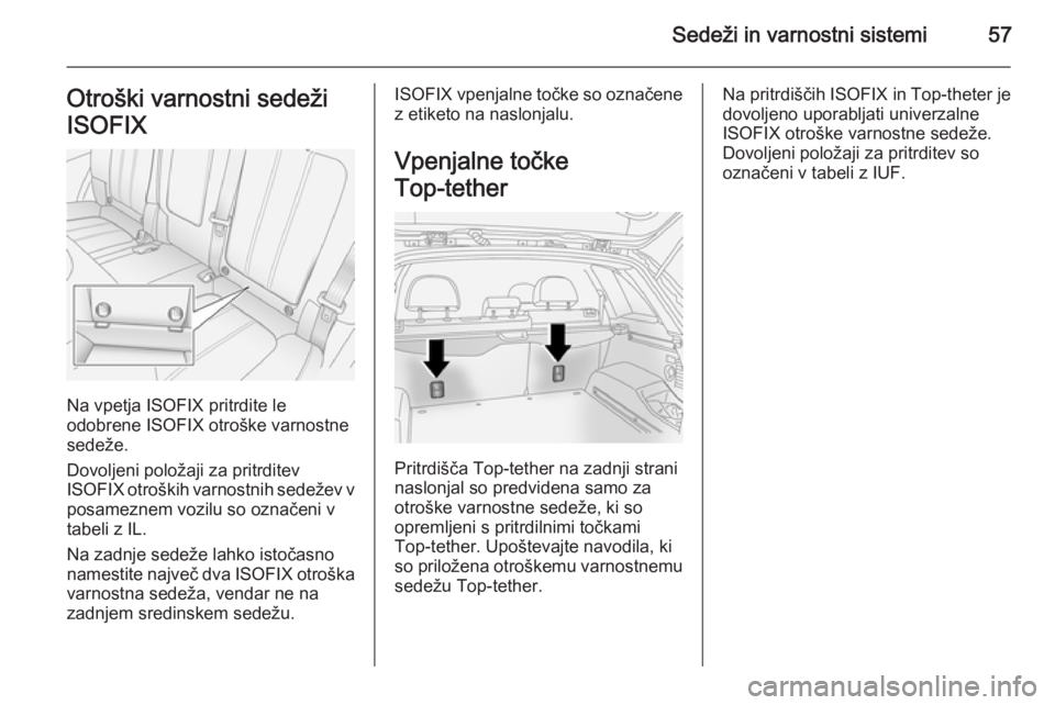 OPEL ANTARA 2015  Uporabniški priročnik Sedeži in varnostni sistemi57Otroški varnostni sedeži
ISOFIX
Na vpetja ISOFIX pritrdite le
odobrene ISOFIX otroške varnostne
sedeže.
Dovoljeni položaji za pritrditev
ISOFIX  otroških varnostnih