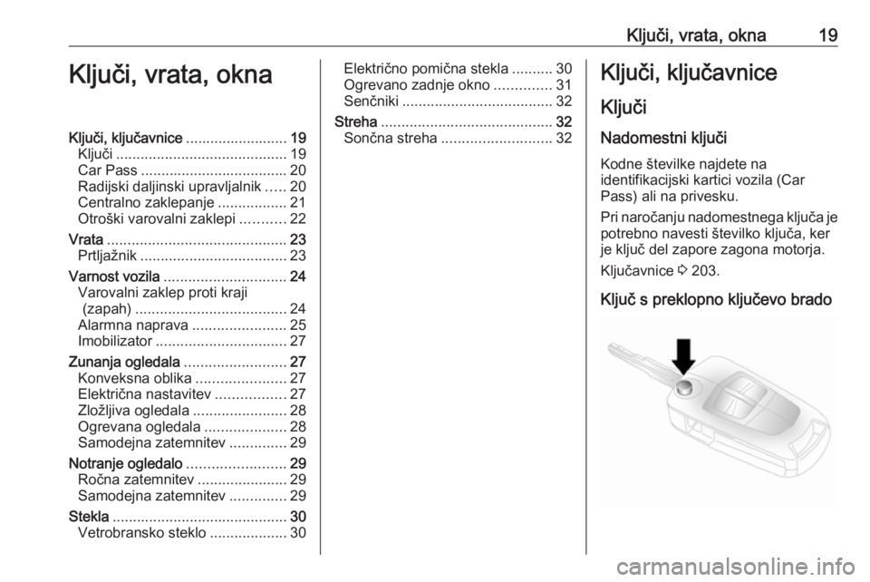 OPEL ANTARA 2016.5  Uporabniški priročnik Ključi, vrata, okna19Ključi, vrata, oknaKljuči, ključavnice.........................19
Ključi .......................................... 19
Car Pass .................................... 20
Radijs