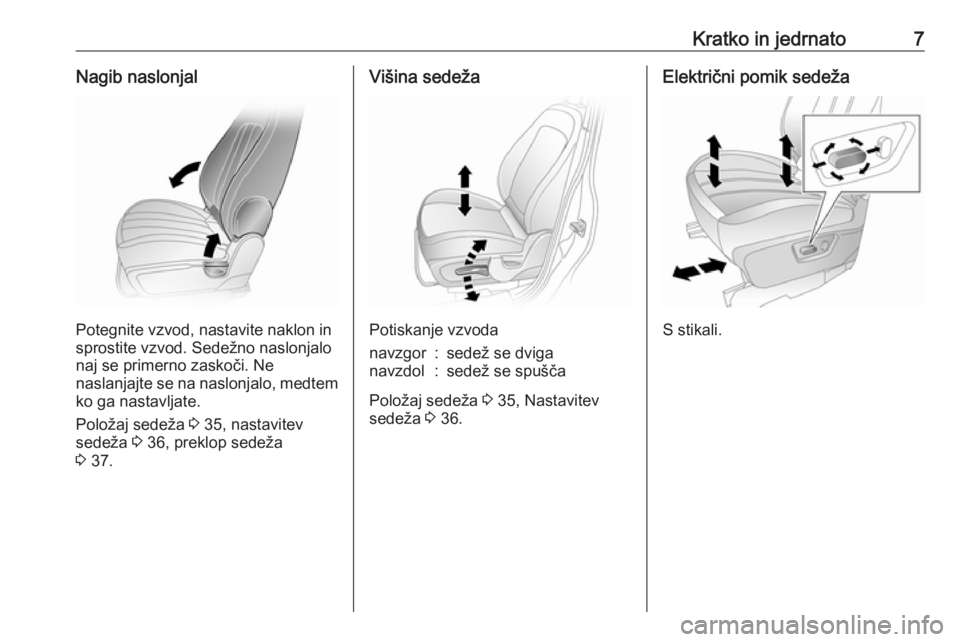 OPEL ANTARA 2016.5  Uporabniški priročnik Kratko in jedrnato7Nagib naslonjal
Potegnite vzvod, nastavite naklon in
sprostite vzvod. Sedežno naslonjalo
naj se primerno zaskoči. Ne
naslanjajte se na naslonjalo, medtem ko ga nastavljate.
Polož