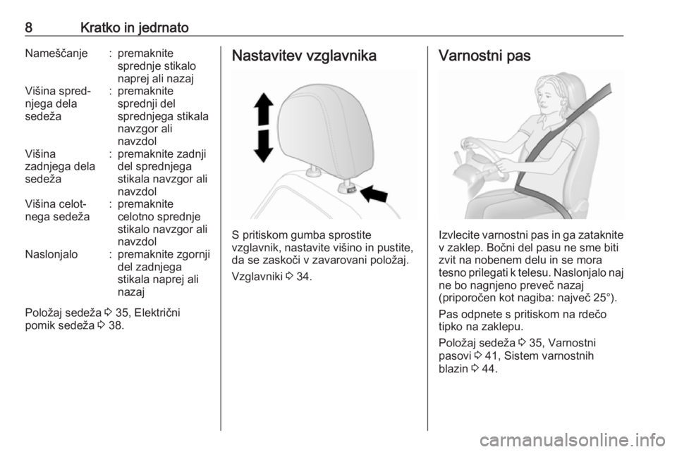 OPEL ANTARA 2016.5  Uporabniški priročnik 8Kratko in jedrnatoNameščanje:premaknite
sprednje stikalo
naprej ali nazajVišina spred‐
njega dela
sedeža:premaknite
sprednji del
sprednjega stikala
navzgor ali
navzdolVišina
zadnjega dela
sede