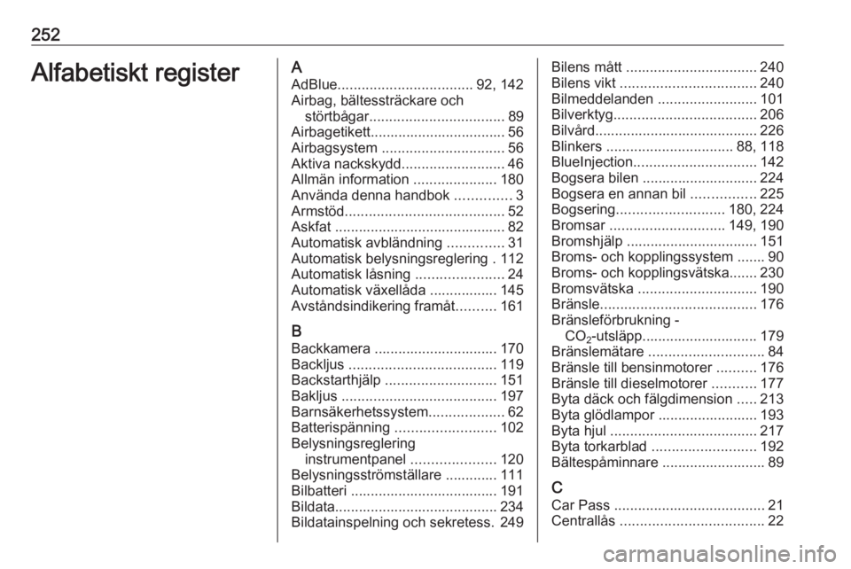 OPEL CASCADA 2016  Instruktionsbok 252Alfabetiskt registerAAdBlue .................................. 92, 142
Airbag, bältessträckare och störtbågar .................................. 89
Airbagetikett................................