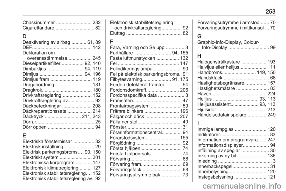 OPEL CASCADA 2016  Instruktionsbok 253Chassinummer .......................... 232
Cigarettändare  ............................. 82
D
Deaktivering av airbag  ...........61, 89
DEF ............................................ 142
Deklar