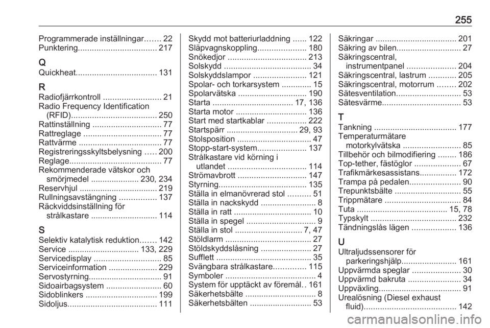 OPEL CASCADA 2016  Instruktionsbok 255Programmerade inställningar.......22
Punktering .................................. 217
Q Quickheat ................................... 131
R Radiofjärrkontroll  .........................21
Radio 