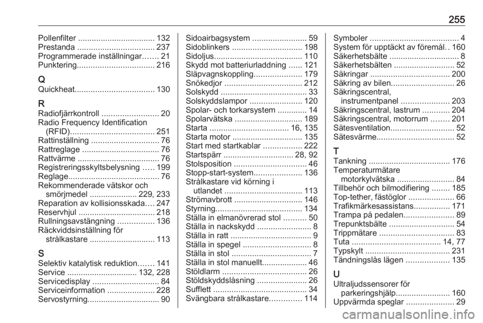 OPEL CASCADA 2016.5  Instruktionsbok 255Pollenfilter .................................. 132
Prestanda  .................................. 237
Programmerade inställningar .......21
Punktering .................................. 216
Q
Quic