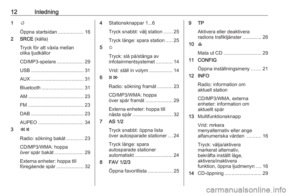 OPEL CASCADA 2017  Handbok för infotainmentsystem 12Inledning1;
Öppna startsidan ..................16
2 SRCE  (källa)
Tryck för att växla mellan
olika ljudkällor
CD/MP3-spelare ...................29
USB ....................................... 31