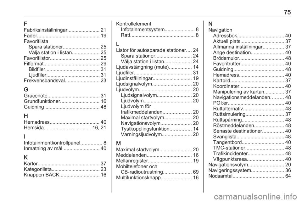 OPEL CASCADA 2017 Handbok för infotainmentsystem 75F
Fabriksinställningar....................... 21
Fader ............................................ 19
Favoritlista Spara stationer .......................... 25
Välja station i listan ........... OPEL CASCADA 2017 Handbok för infotainmentsystem 75F
Fabriksinställningar....................... 21
Fader ............................................ 19
Favoritlista Spara stationer .......................... 25
Välja station i listan ...........