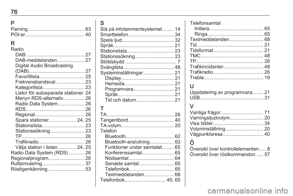 OPEL CASCADA 2017 Handbok för infotainmentsystem 76PParning ......................................... 63
POI:er ........................................... 40
R Radio DAB ........................................... 27
DAB-meddelanden ............... OPEL CASCADA 2017 Handbok för infotainmentsystem 76PParning ......................................... 63
POI:er ........................................... 40
R Radio DAB ........................................... 27
DAB-meddelanden ...............