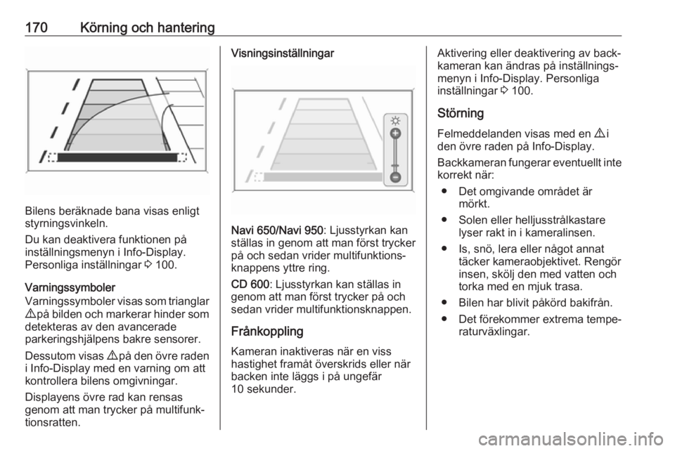 OPEL CASCADA 2017  Instruktionsbok 170Körning och hantering
Bilens beräknade bana visas enligt
styrningsvinkeln.
Du kan deaktivera funktionen på
inställningsmenyn i Info-Display.
Personliga inställningar  3 100.
Varningssymboler
V