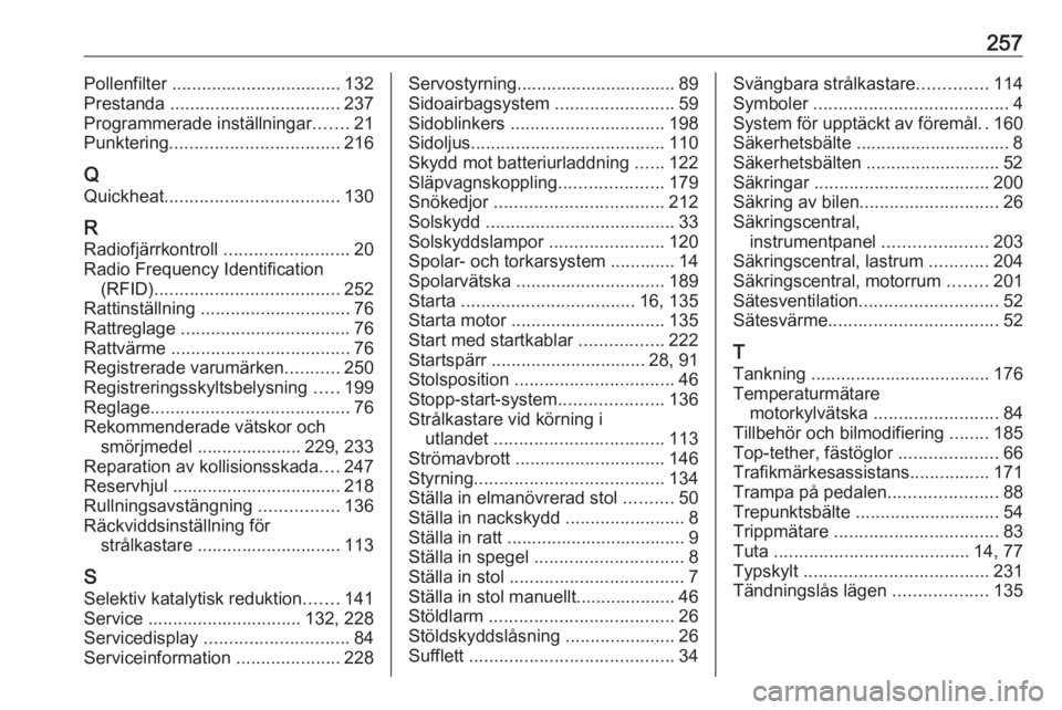 OPEL CASCADA 2017 Instruktionsbok 257Pollenfilter .................................. 132
Prestanda .................................. 237
Programmerade inställningar .......21
Punktering .................................. 216
Q
Quic OPEL CASCADA 2017 Instruktionsbok 257Pollenfilter .................................. 132
Prestanda .................................. 237
Programmerade inställningar .......21
Punktering .................................. 216
Q
Quic