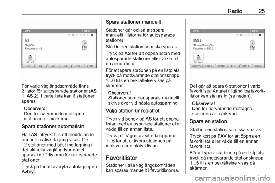 OPEL CASCADA 2017.5  Handbok för infotainmentsystem Radio25
För varje våglängdsområde finns
2 listor för autosparade stationer ( AS
1 ,  AS 2 ). I varje lista kan 6 stationer
sparas.
Observera!
Den för närvarande mottagna
stationen är markerad.