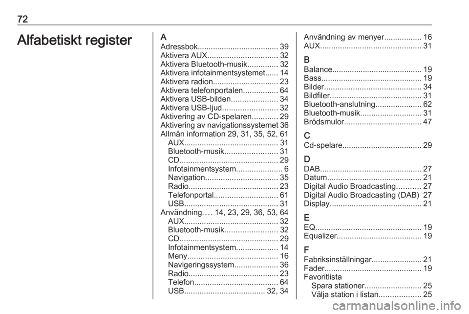 OPEL CASCADA 2018  Handbok för infotainmentsystem 72Alfabetiskt registerAAdressbok..................................... 39
Aktivera AUX ................................ 32
Aktivera Bluetooth-musik ..............32
Aktivera infotainmentsystemet...... 