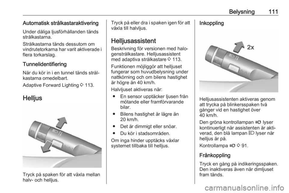 OPEL CASCADA 2018  Instruktionsbok Belysning111Automatisk strålkastaraktiveringUnder dåliga ljusförhållanden tänds
strålkastarna.
Strålkastarna tänds dessutom om
vindrutetorkarna har varit aktiverade i flera torkarslag.
Tunneli