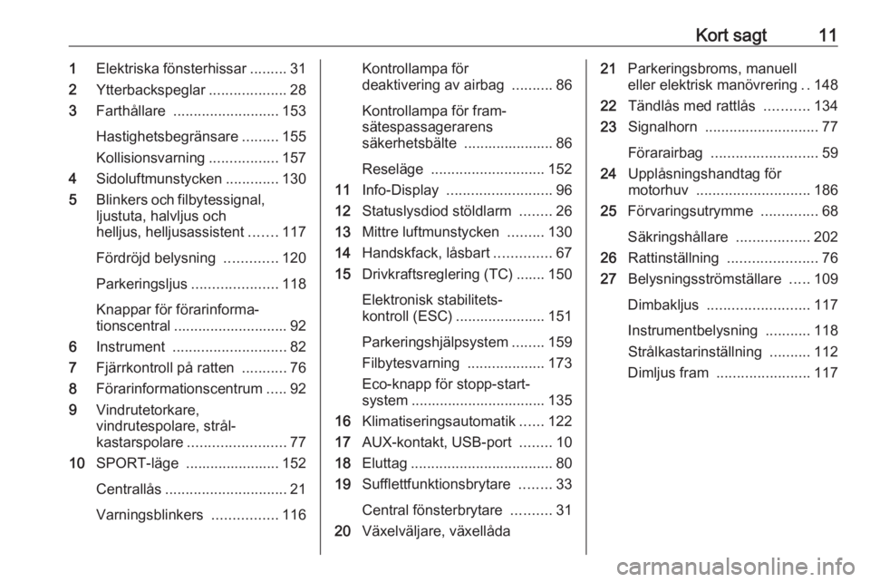 OPEL CASCADA 2018  Instruktionsbok Kort sagt111Elektriska fönsterhissar .........31
2 Ytterbackspeglar ...................28
3 Farthållare  .......................... 153
Hastighetsbegränsare .........155
Kollisionsvarning .........