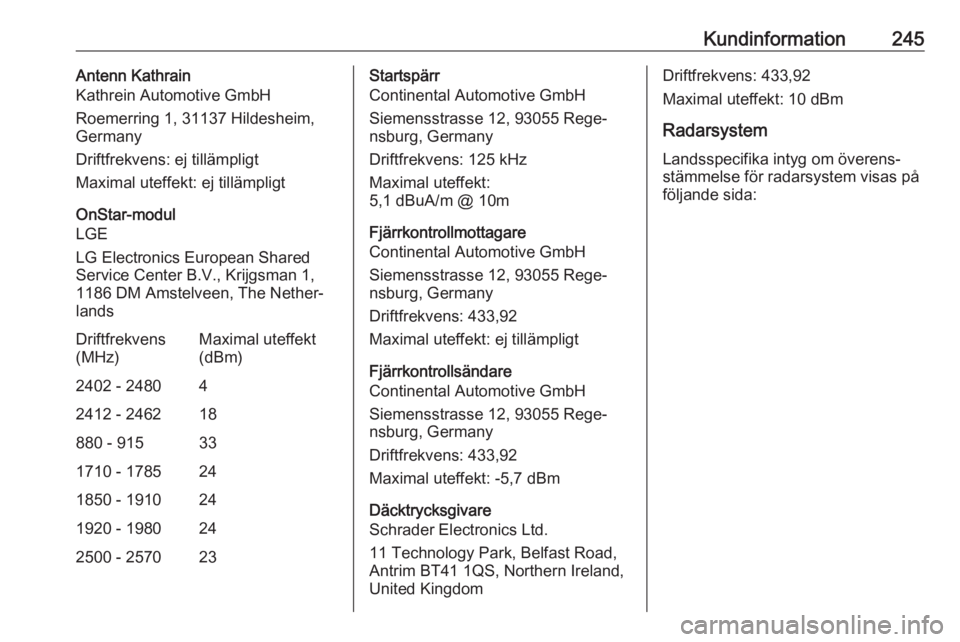 OPEL CASCADA 2018  Instruktionsbok Kundinformation245Antenn Kathrain
Kathrein Automotive GmbH
Roemerring 1, 31137 Hildesheim,
Germany
Driftfrekvens: ej tillämpligt
Maximal uteffekt: ej tillämpligt
OnStar-modul
LGE
LG Electronics Euro